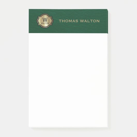 Post-it® Gold Monogram Emerald Green Leather Look Elegant (Devant)