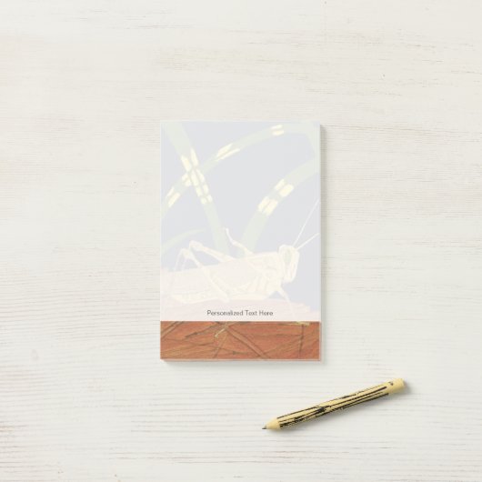 Post-it® Grasshopper en Grass vert sur Arrière - plan bleu (Sur un bureau)