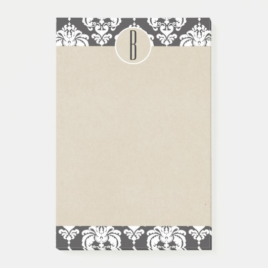 Post-it® Gris Blanc Glam Damassé Kraft Monogramme Initiale (Devant)