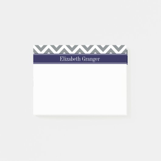 Post-it® Gris Charbon Lg Chevron Bleu Marine Monogramme Nom (Devant)