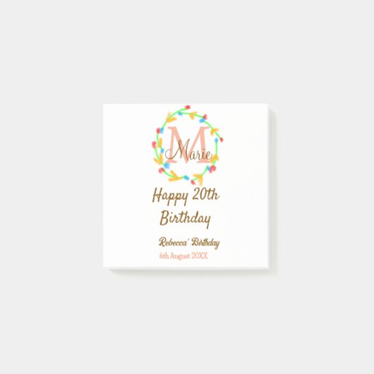 Post-it® Happy 20th Birthday red add name monogram wreath (Devant)