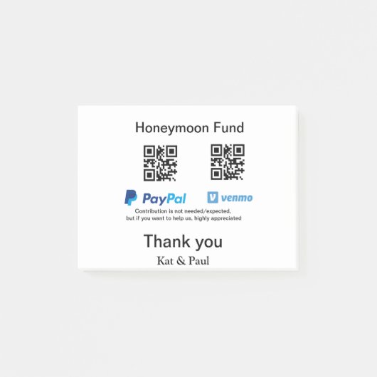 Post-it® Honeymoon Fund PayPal Venmo QR code Merci (Devant)