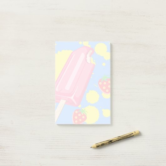 Post-it® Illustration Fun Pink Popsicle and Strawberries (Sur un bureau)