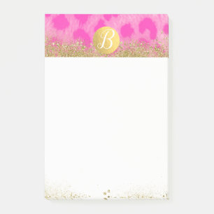 Post-it® Imprimé léopard rose paillettes dorées monogramme
