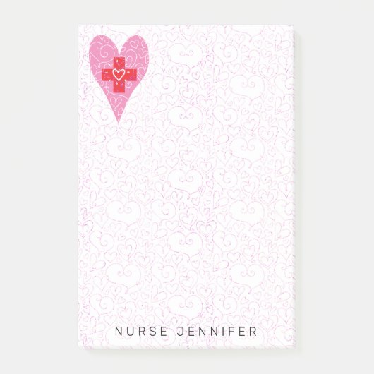 Post-it® Infirmière Monogramme Coeurs roses Motif 4x6 (Devant)