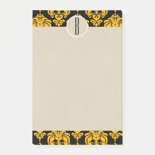 Post-it® Jaune Noir Glam Damassé Kraft Monogramme Initiale (Devant)