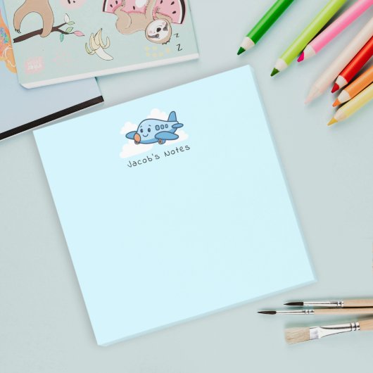 Post-it® Joli avion de dessin animé bleu dans le ciel Texte