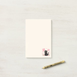 Post-it® Joli chat noir avec des cœurs roses et des fleurs