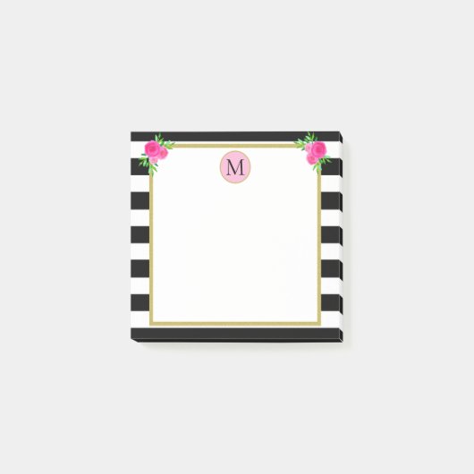 Post-it® Joli Fille Noir Blanc rayé Monogramme Floral (Devant)