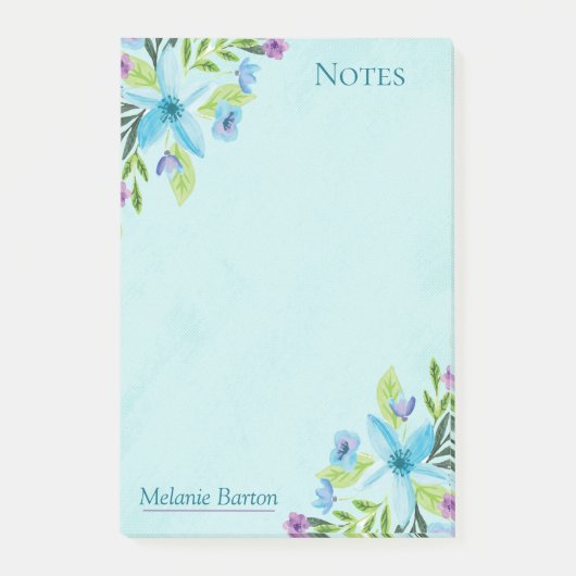 Post-it® Jolie aquarelle Bleu Floral Notes personnalisées (Devant)