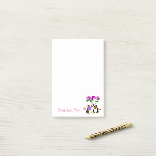 Post-it® Joyeuse carte de Saint-Valentin pour pingouin (Sur un bureau)