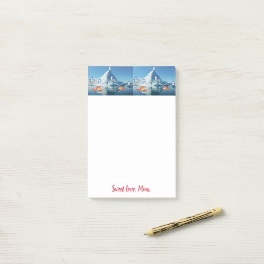 Post-it® Joyeuse carte de Saint-Valentin pour pingouin (Sur un bureau)