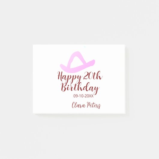 Post-it® Joyeux 20e anniversaire fille cowboy rose nom date (Devant)
