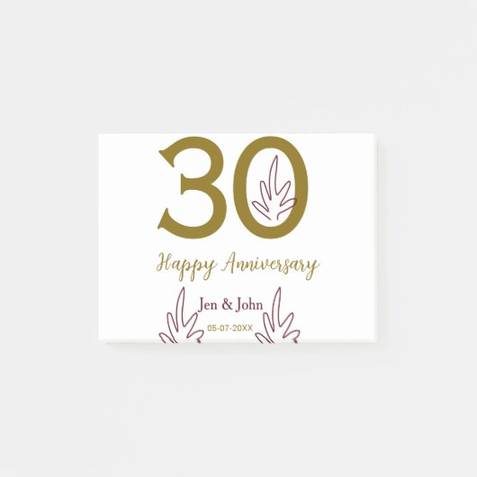Post-it® Joyeux 30e anniversaire nom date feuille rouge dor (Devant)