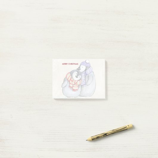 Post-it® Joyeux manchots de Noël en Écharpes d'hiver (Sur un bureau)