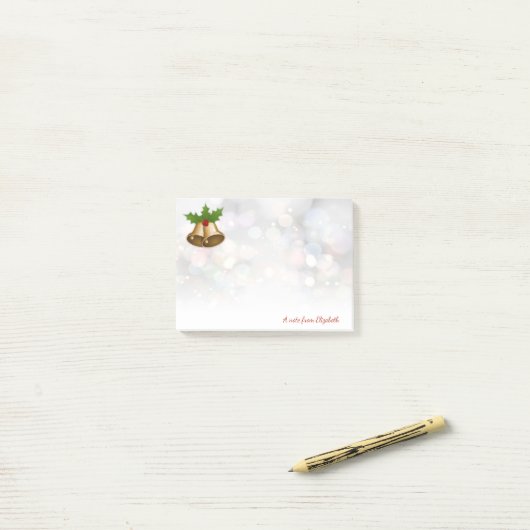 Post-it® Joyeux Noël, Cloche de Noël, Personnalisé Bokeh (Sur un bureau)