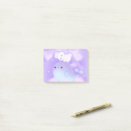 Post-it® Kawaii Rorqual spatial et lapin notes collantes (Sur un bureau)