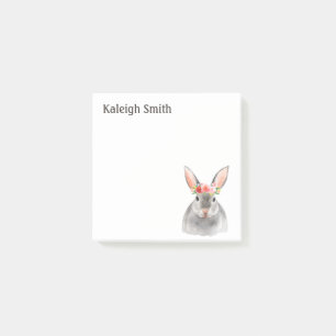 Post-it® Lapin gris personnalisé avec fleurs rouges et rose