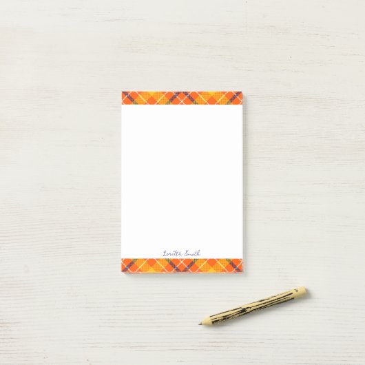 Post-it® Large 4x6 Custom Fall Orange Gingham Plaid Pattern (Sur un bureau)