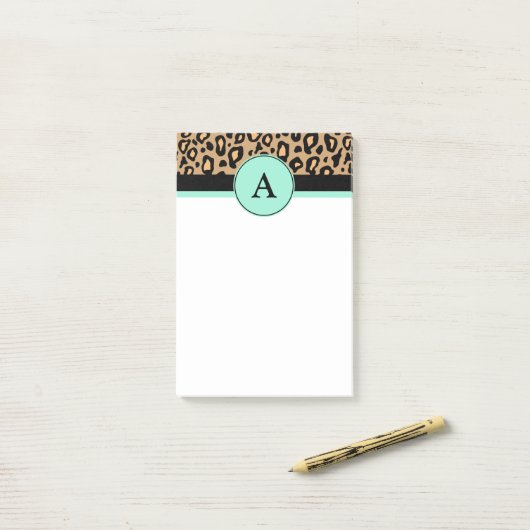 Post-it® Leopard Turquoise Monogramme Imprimer Post Notes (Sur un bureau)