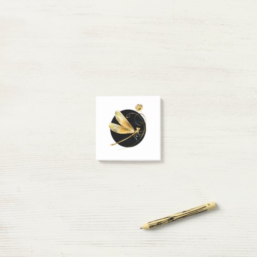 Post-it® libellule d'or en cercle noir (Sur un bureau)