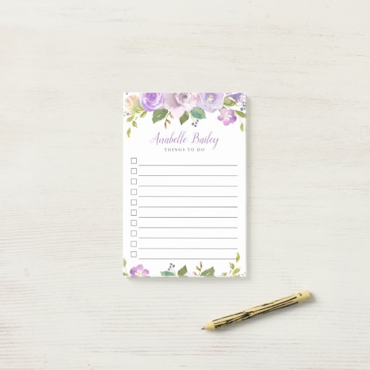 Post-it® Lilac Floral Monogrammed Lined To Do List (Sur un bureau)
