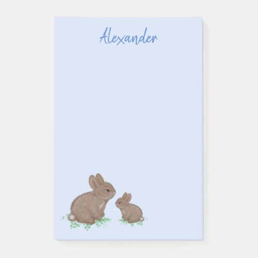 Post-it® Maman mignonne avec bébé lapin dans du trèfle bleu (Devant)
