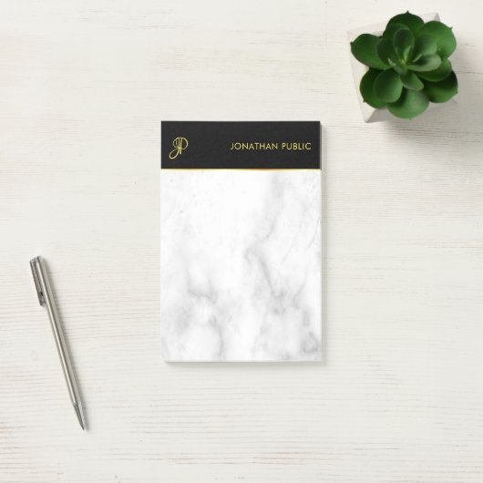 Post-it® Marbre blanc Black Gold Elegant Monogram Modèle (Bureau)
