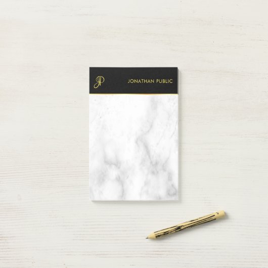 Post-it® Marbre blanc Black Gold Elegant Monogram Modèle (Sur un bureau)