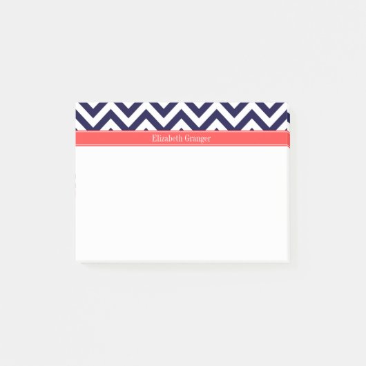 Post-it® Marine Bleu Lg Chevron Corail Nom rouge Monogramme (Devant)
