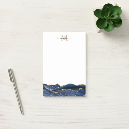 Post-it® Marine Blue Gold Agate Geode Girl Script Monogramm (Bureau)
