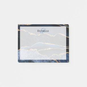 Post-it® Marine Blue Gold Agate Marbre Moderne Monogramme