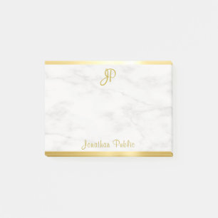 Post-it® Modèle de monogramme manuscrit Marbre blanc Gold