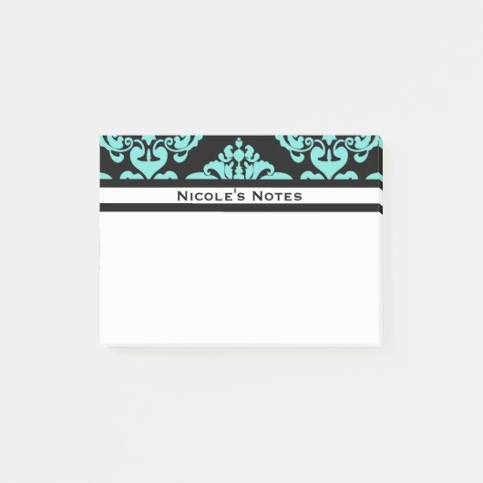 Post-it® Modèle turquoise Aqua Black Damask Moderne Personn (Devant)