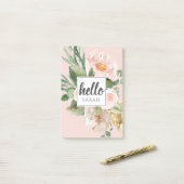 Post-it® Modern Watercolor Pink Flowers & Hello & Nom (Sur un bureau)