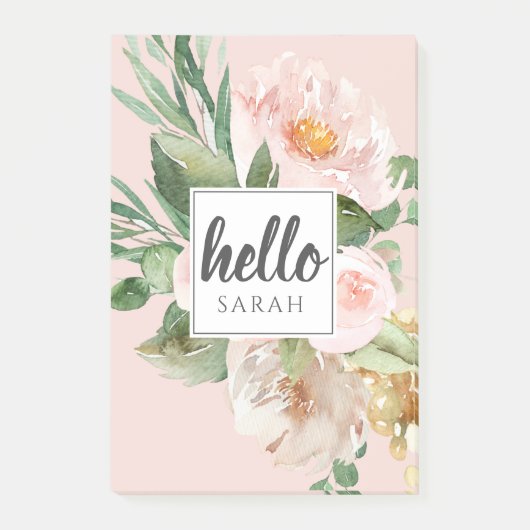 Post-it® Modern Watercolor Pink Flowers & Hello & Nom (Devant)