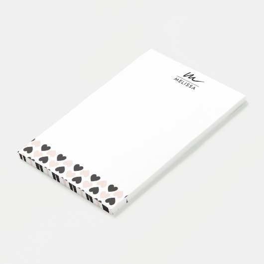 Post-it® Moderne Blush rose noir Coeurs d'amour Monogramme (Incliné)