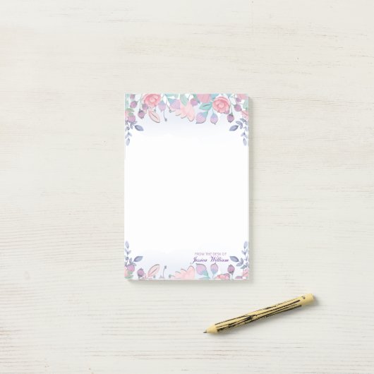 Post-it® Moderne Chic Aquarelle Bleu Hydrangée Florale (Sur un bureau)