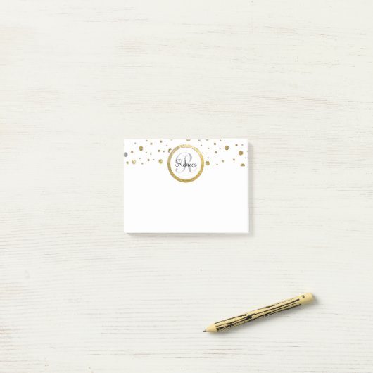 Post-it® Monogramme argent et or Confetti (Sur un bureau)