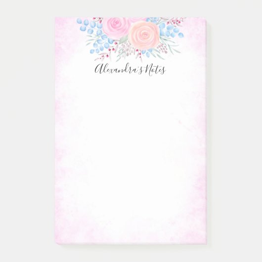 Post-it® Monogramme Bouquet d'aquarelle Roses roses Bleues  (Devant)