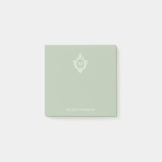 Post-it® Monogramme de crête Vert Sauge Élégant Initial Vin (Devant)