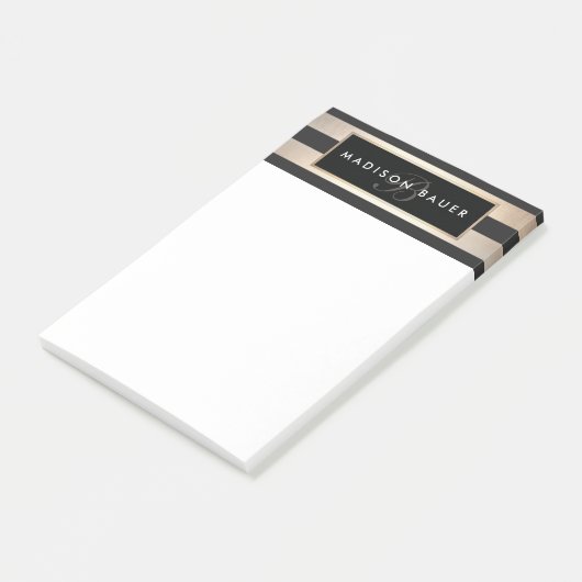 Post-it® Monogramme élégant rayé noir et or (Incliné)