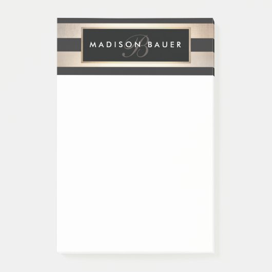 Post-it® Monogramme élégant rayé noir et or (Devant)