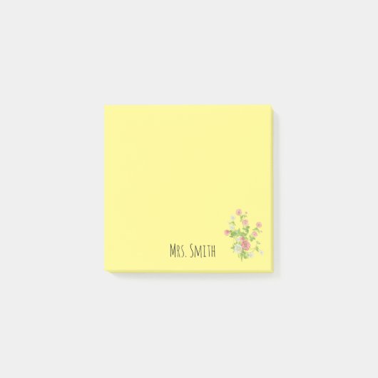 Post-it® Monogramme floral jaune au nom de l'enseignant (Devant)