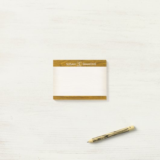 Post-it® Monogramme moderne avec nom sur impression bois (Sur un bureau)