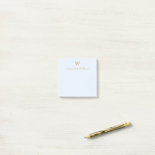 Post-it® Monogramme Moderne Script Or Bleu (Sur un bureau)