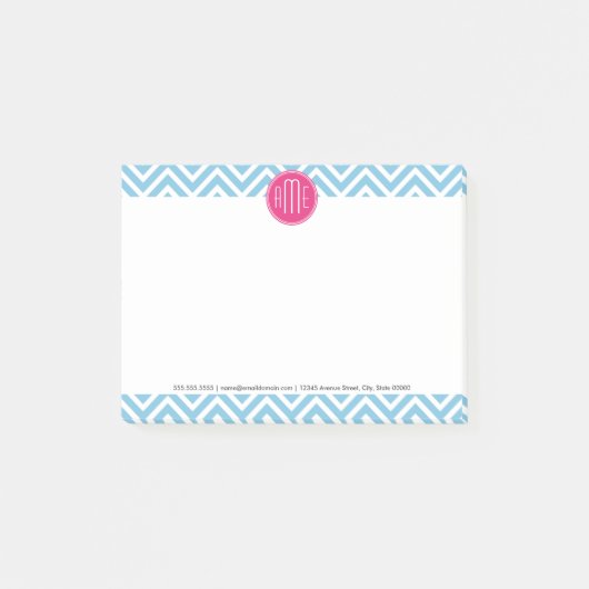 Post-it® Monogramme rose magenta avec Chevron bleu-clair (Devant)