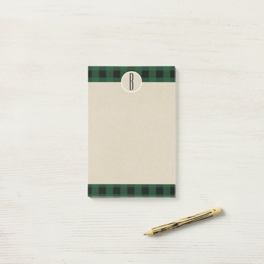 Post-it® Monogramme rustique Kraft noir vert initial (Sur un bureau)