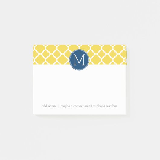 Post-it® Monogramme sur mesure du Motif de Quatrefoil Jaune (Devant)