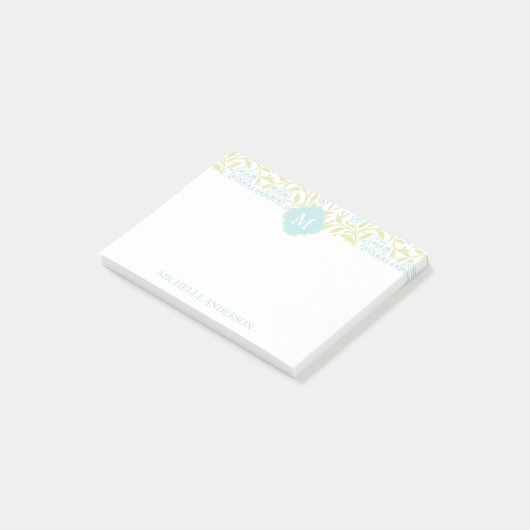 Post-it® Monogramme Vert et Aqua Floral Damask (Incliné)